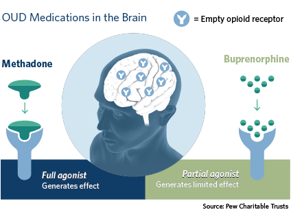 Full agonists such as Methadone generate full effects on opioid receptors in the brain while partial agonists such as Buprenorphine generate limited effects. 